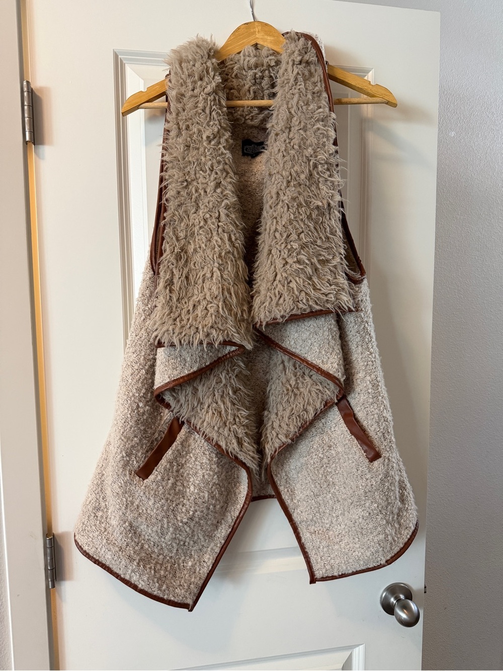 Angie Cream & Brown Faux-Shearling Open Front Teddy Vest